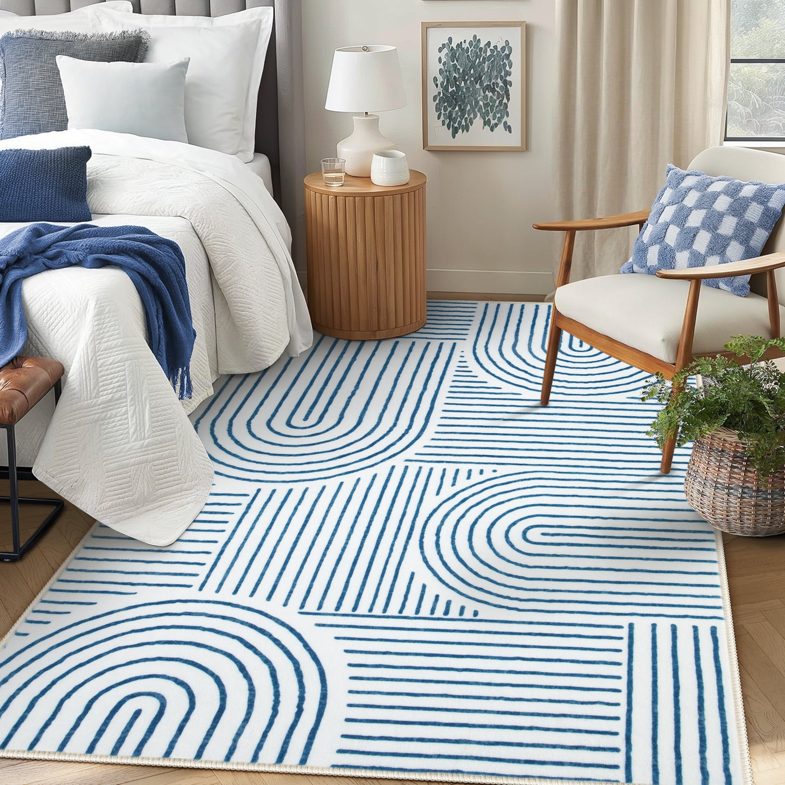Washable Blue/White Rainbow Stripe Rug | Darrell Abstract Style