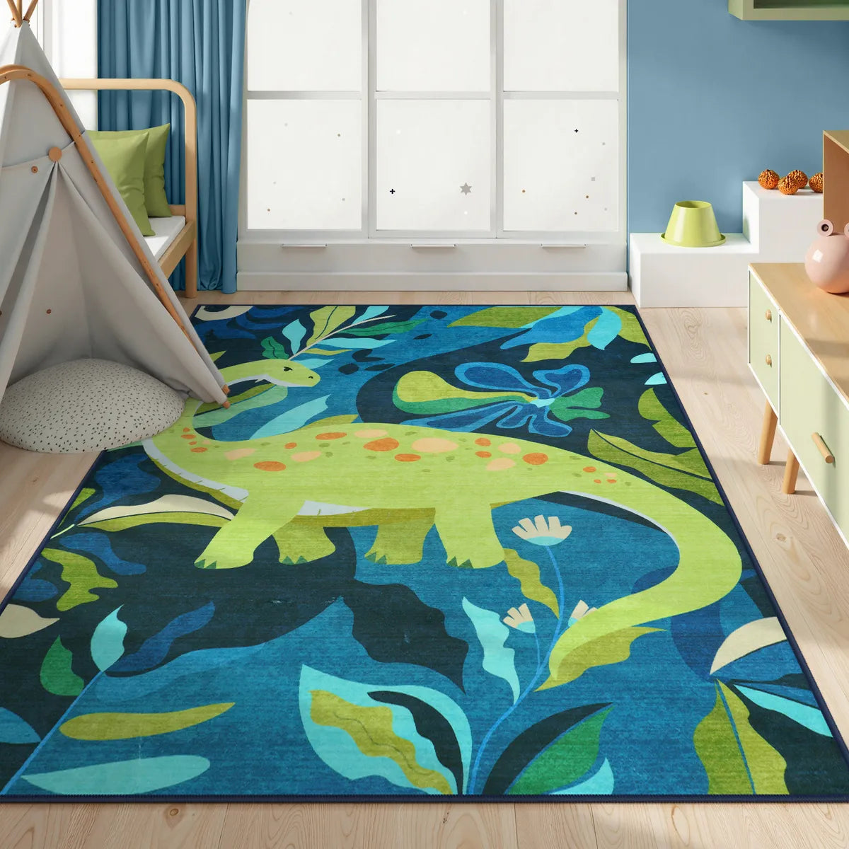 Dinoe Washable Jungle Dinosaur Navy kids Rug Area Rugs Lahome