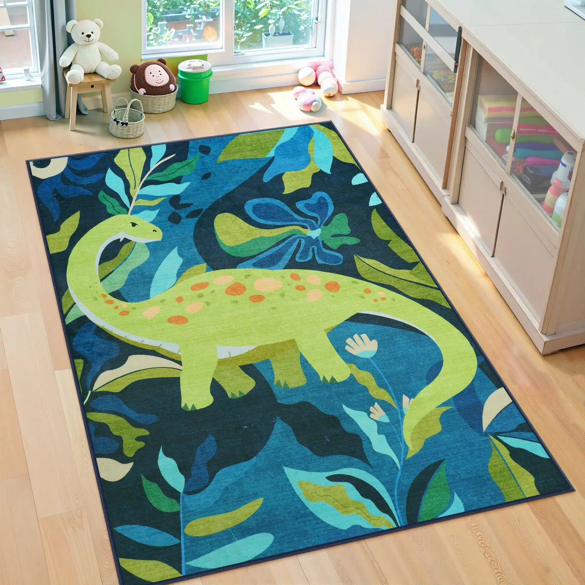 Dinoe Washable Jungle Dinosaur Navy kids Rug Area Rugs Lahome 5' x 7'