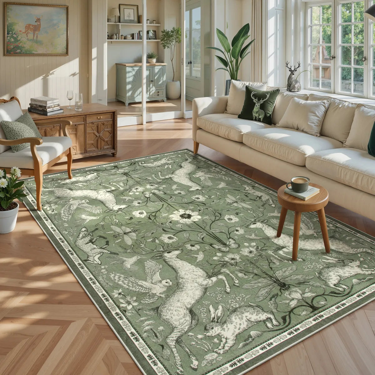 Dorval Washable Vintage Woodland Olive Green Rug Area Rugs Lahome 5' x 7'