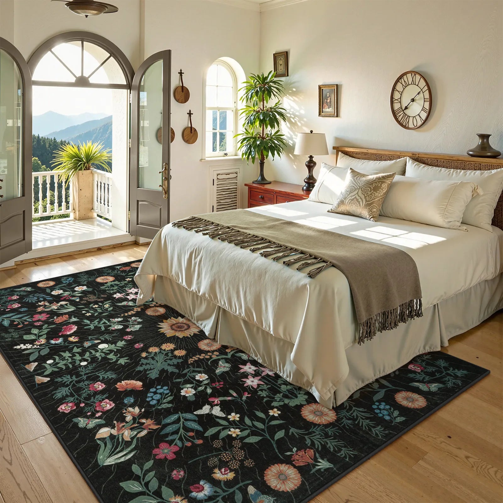 Eclore Washable Boho Botanical Floral Black Rug Area Rugs Lahome