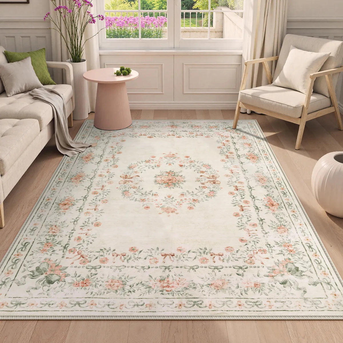 Eliane Washable Vintage Traditional Floral Beige Rug Area Rugs Lahome