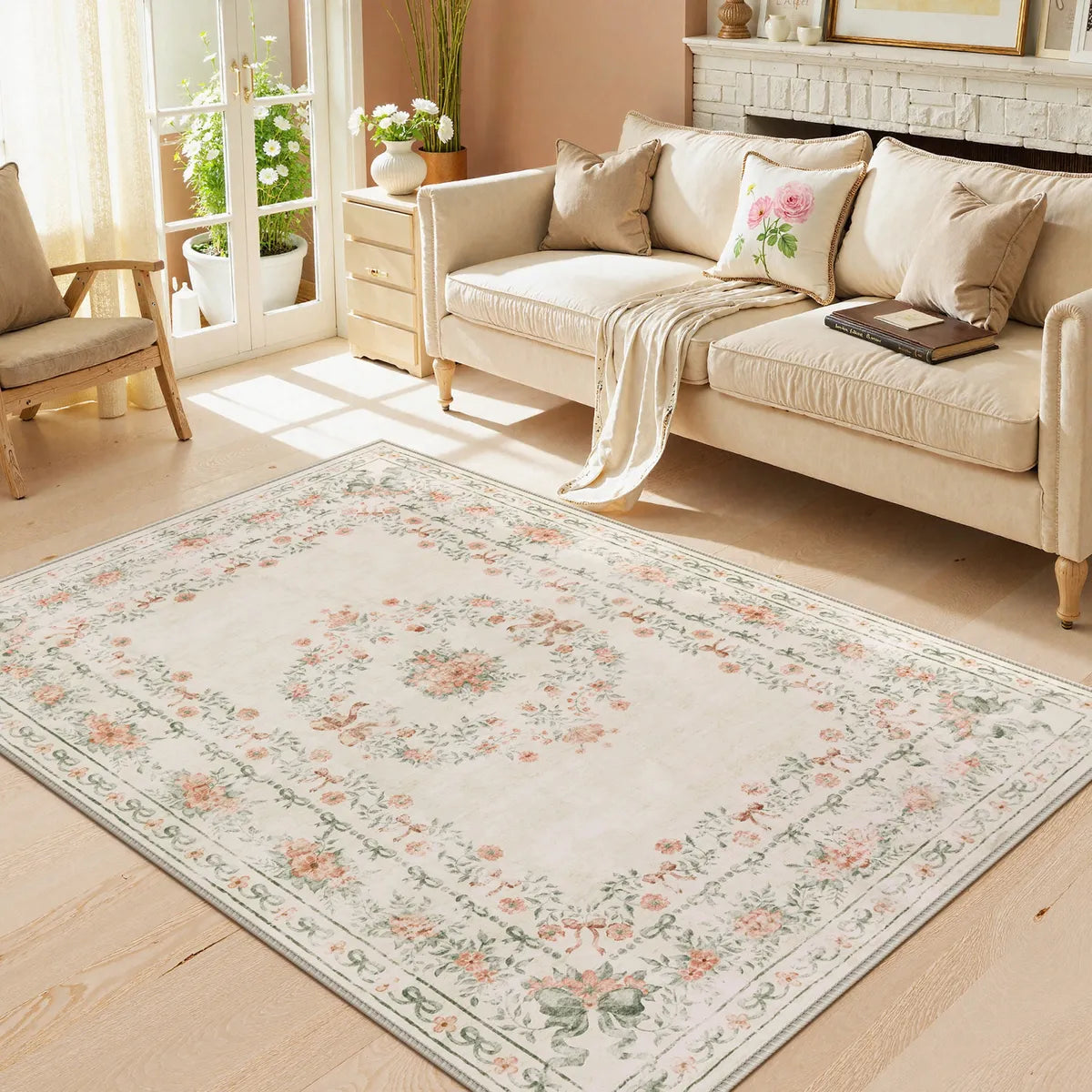 Eliane Washable Vintage Traditional Floral Beige Rug Area Rugs Lahome 5' x 7'