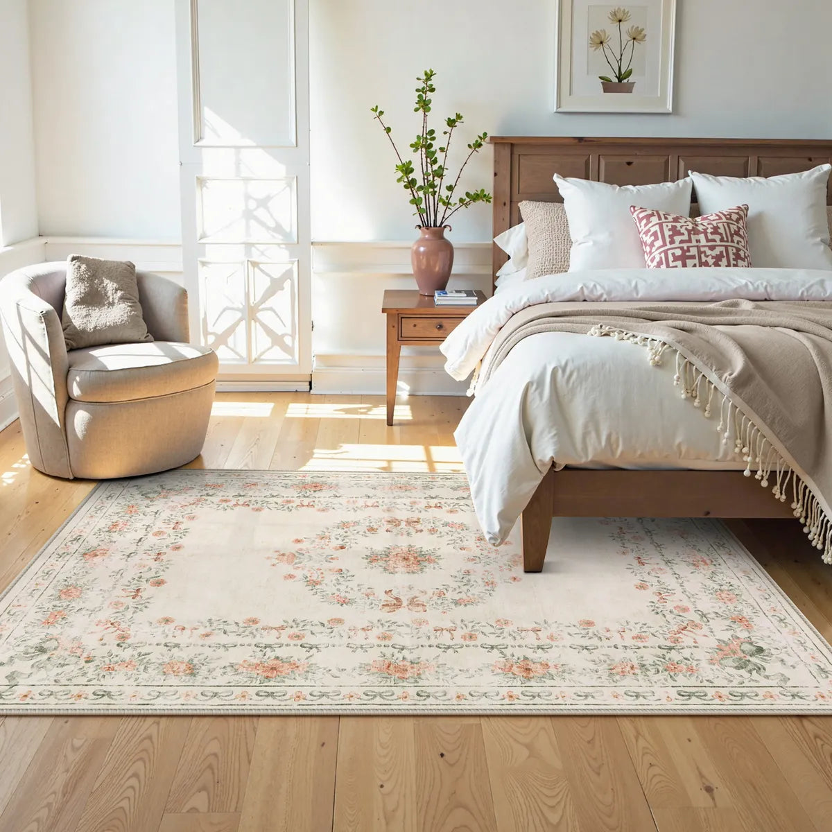 Eliane Washable Vintage Traditional Floral Beige Rug Area Rugs Lahome