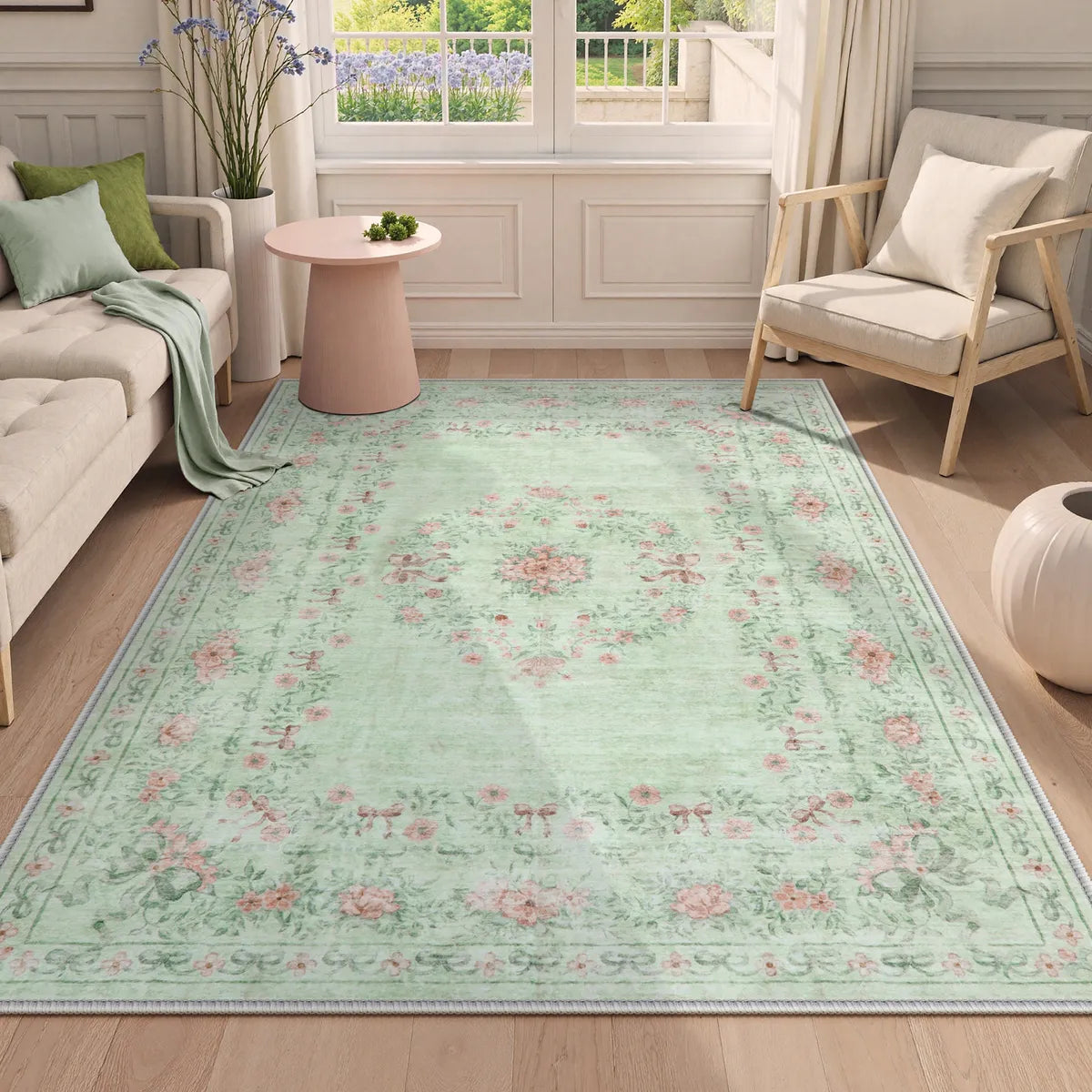 Eliane Washable Vintage Traditional Floral Green Rug Area Rugs Lahome