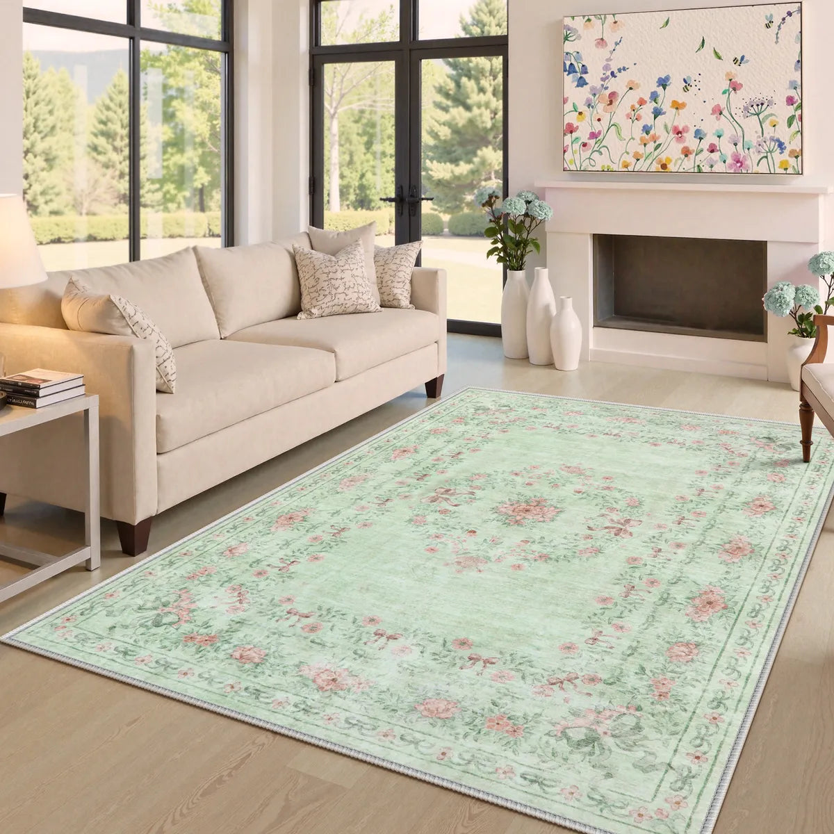Eliane Washable Vintage Traditional Floral Green Rug Area Rugs Lahome 5' x 7'