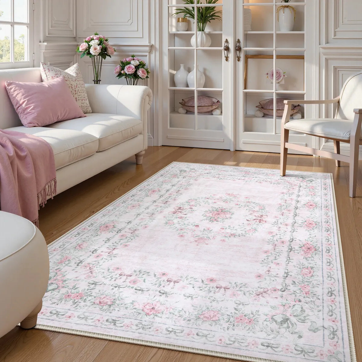 Eliane Washable Vintage Traditional Floral Pink Rug Area Rugs Lahome