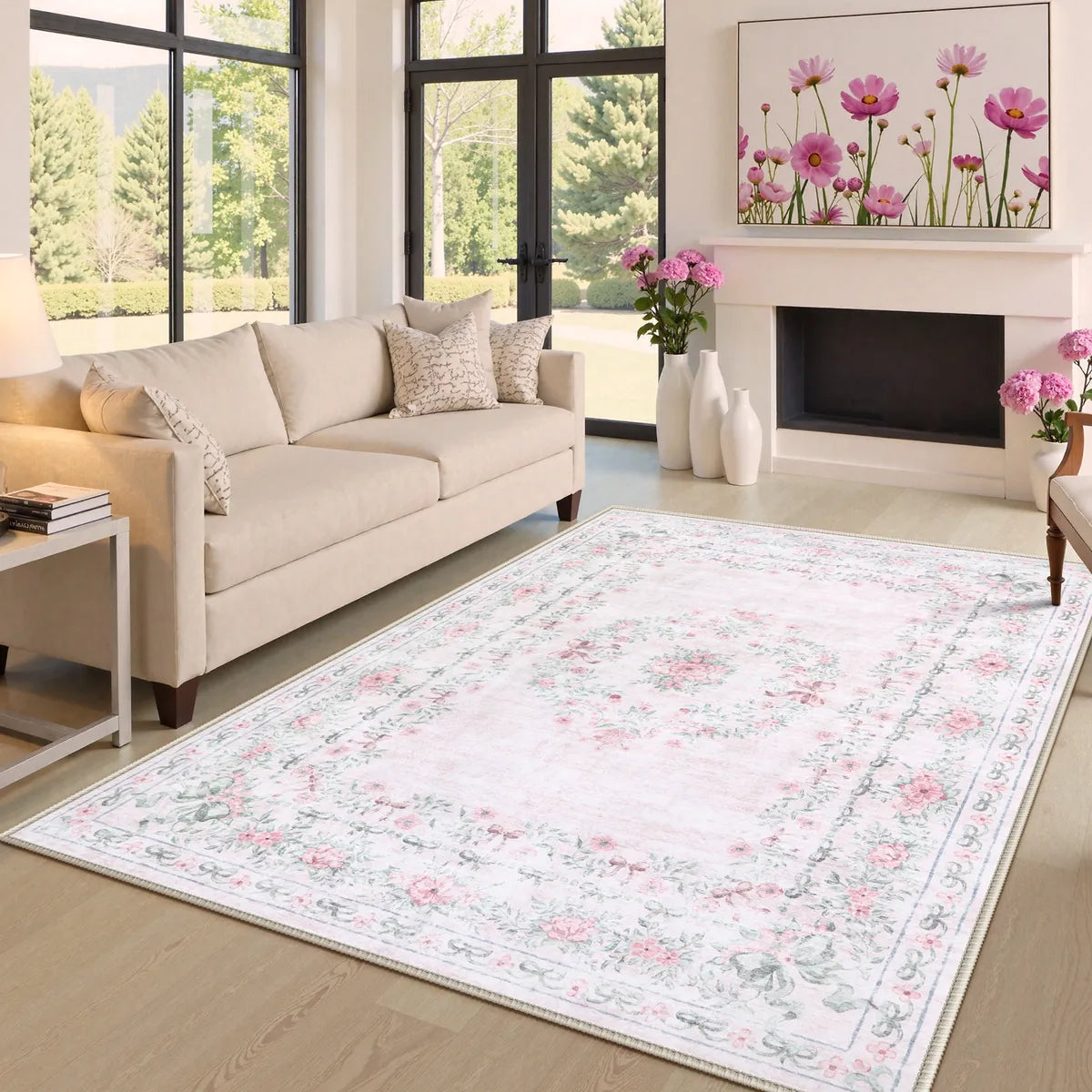 Eliane Washable Vintage Traditional Floral Pink Rug Area Rugs Lahome 5' x 7'