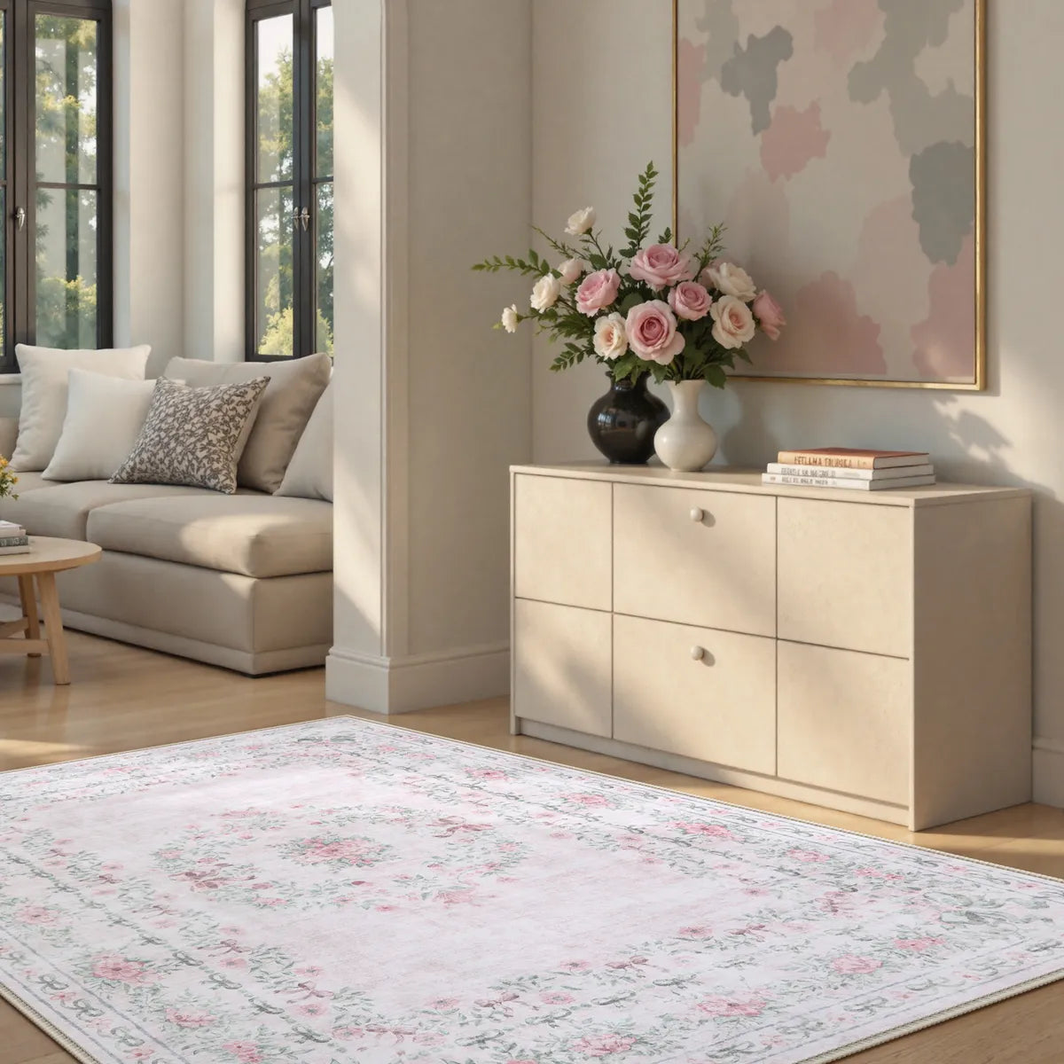 Eliane Washable Vintage Traditional Floral Pink Rug Area Rugs Lahome
