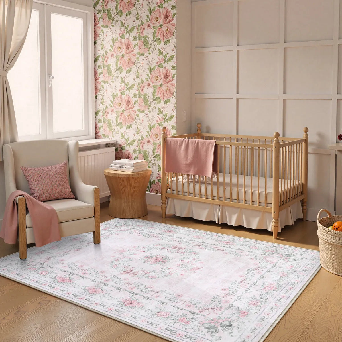 Eliane Washable Vintage Traditional Floral Pink Rug Area Rugs Lahome