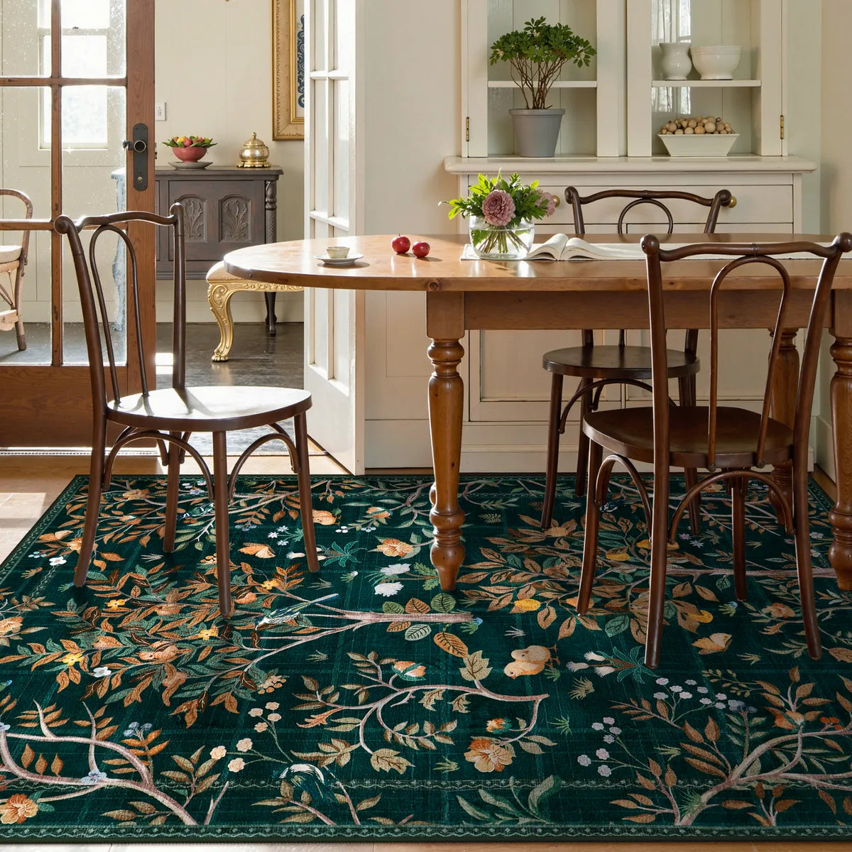Elowen Washable Boho Forest Botanical Dark Green Rug Rugs Lahome