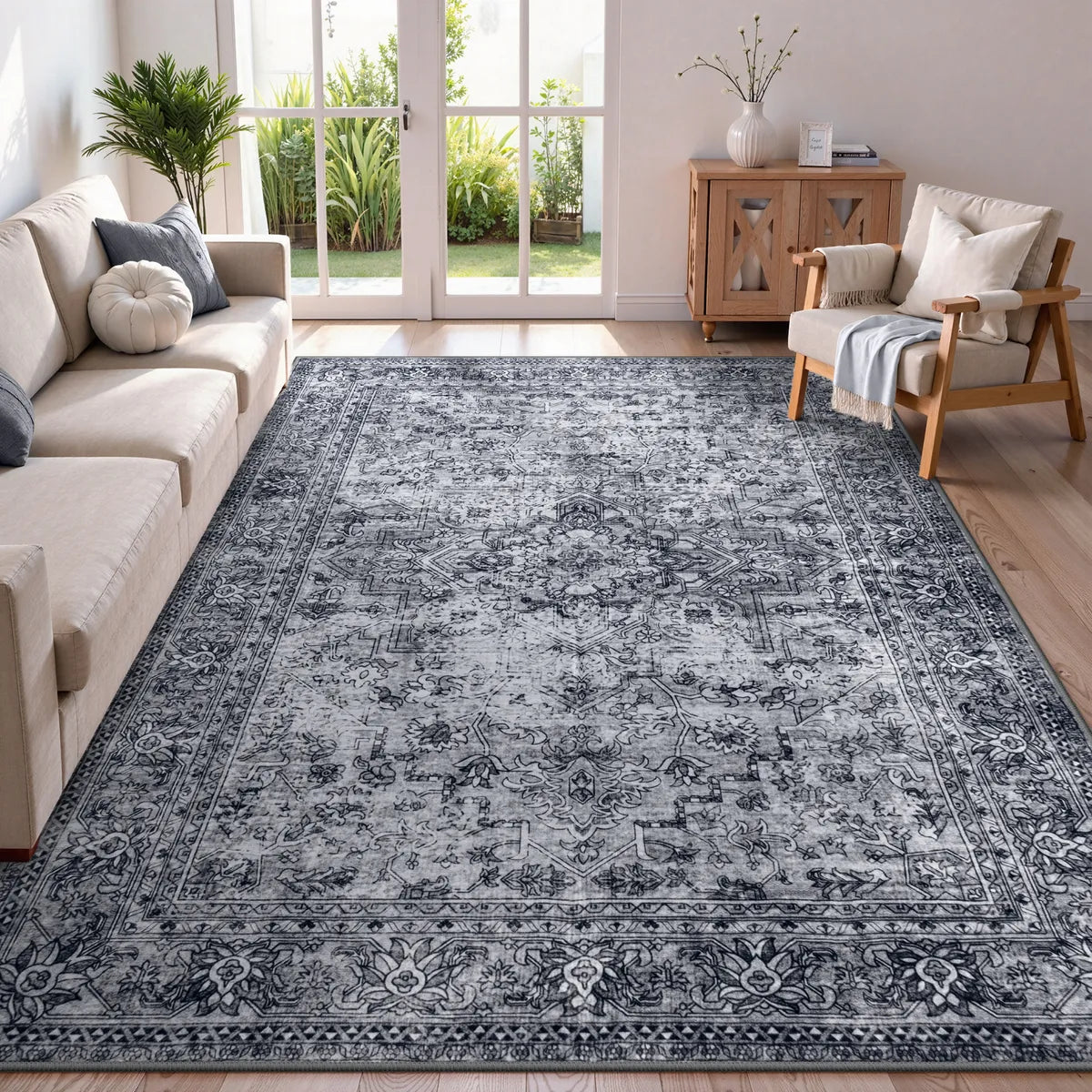 Elysee Washable Vintage Traditional Medallion Black Rug Area Rugs Lahome