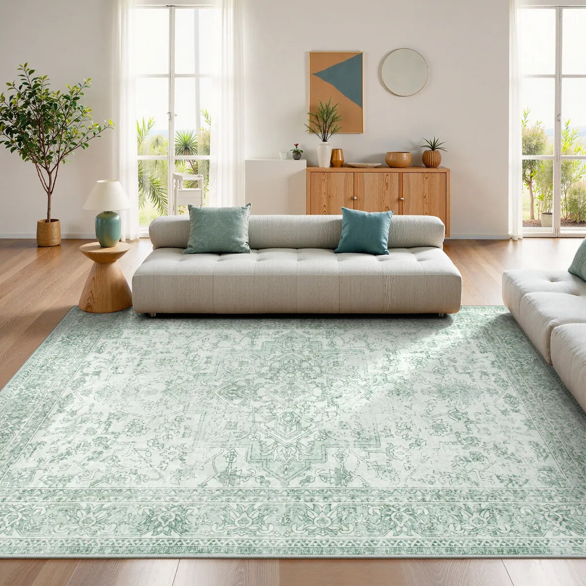 Elysee Washable Vintage Traditional Medallion Green Rug Area Rugs Lahome 5' x 7'