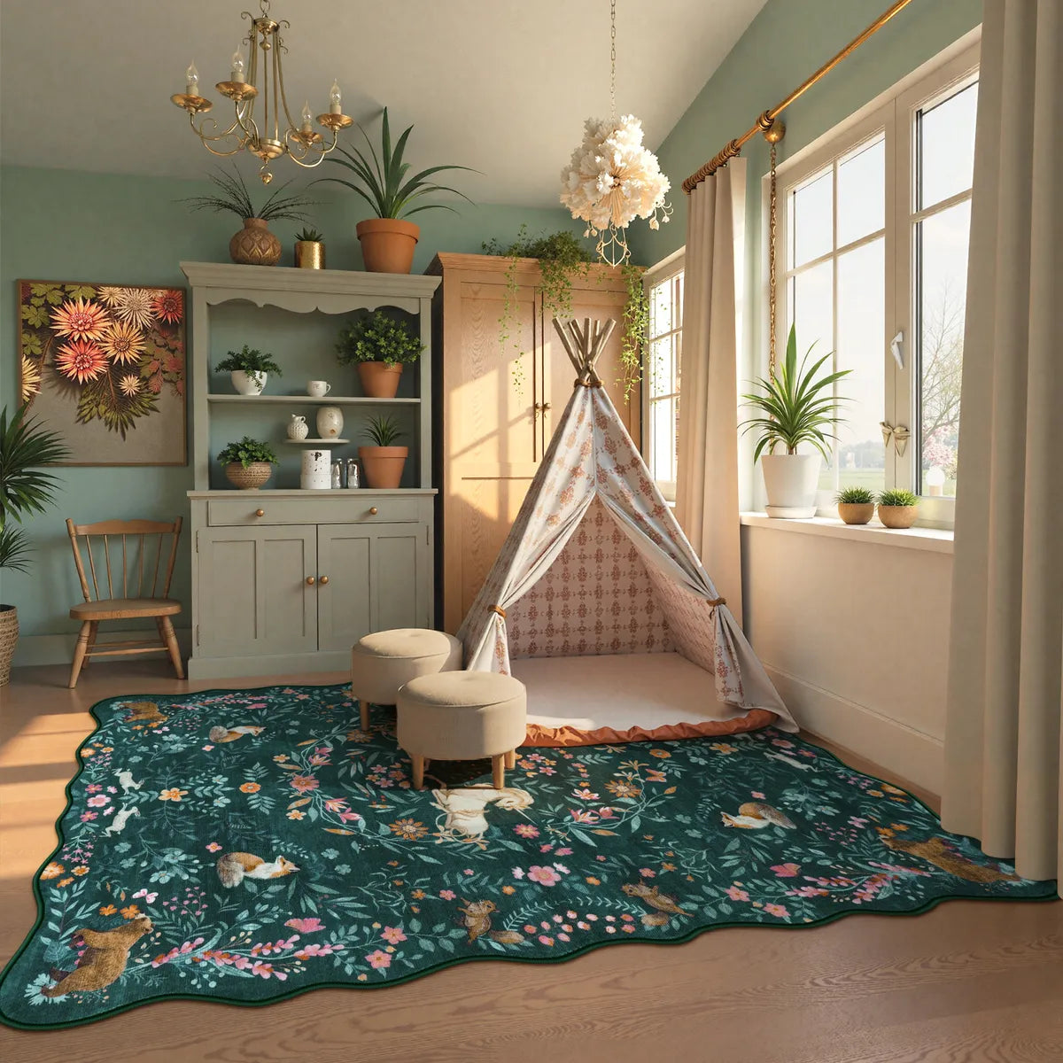 Elysia Washable Maximalist Unicorn Garden Dark Green Rug Area Rugs Lahome 5' x 7'
