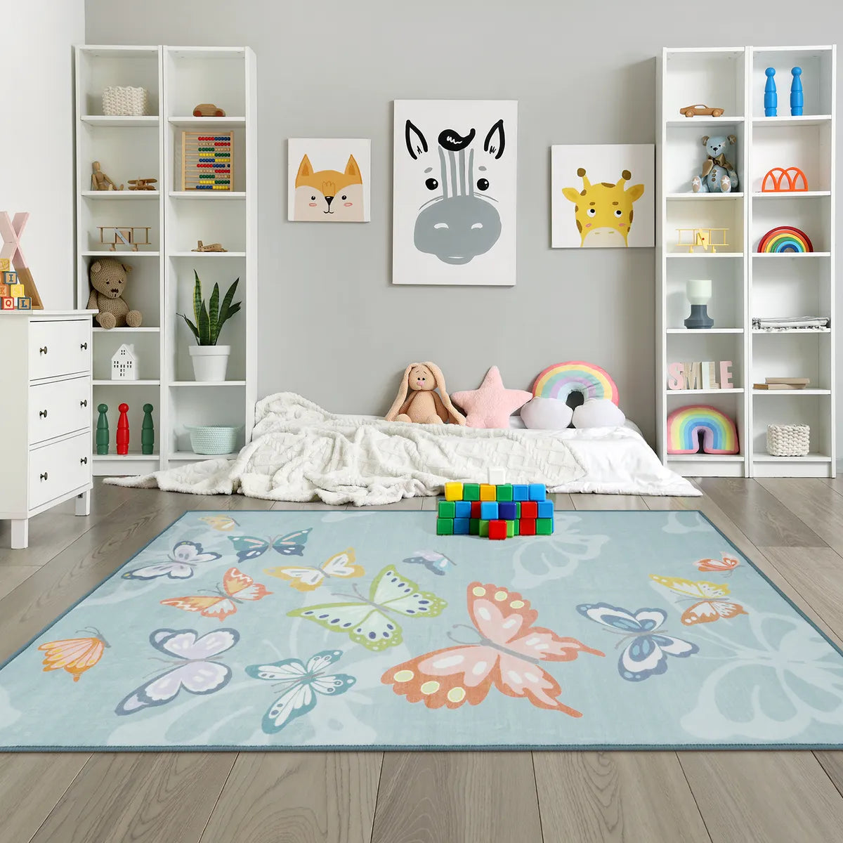 Emis Washable Butterfly Blue Kids Rug Kids Rugs Lahome 5' x 7'