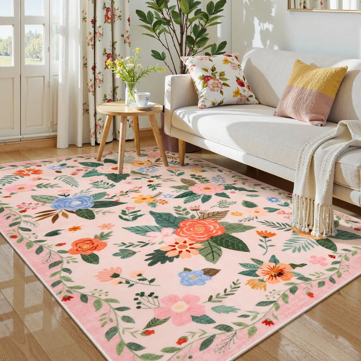 Fleurin Washable Floral Garden Pink Rug Area Rugs Lahome 5' x 7'