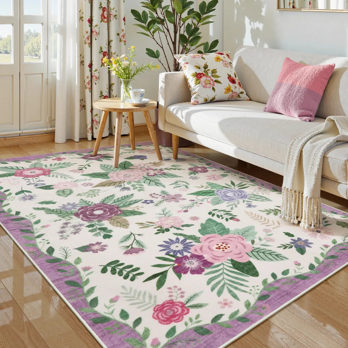 Fleurin Washable Floral Garden Purple Rug Rugs Lahome 5' x 7'