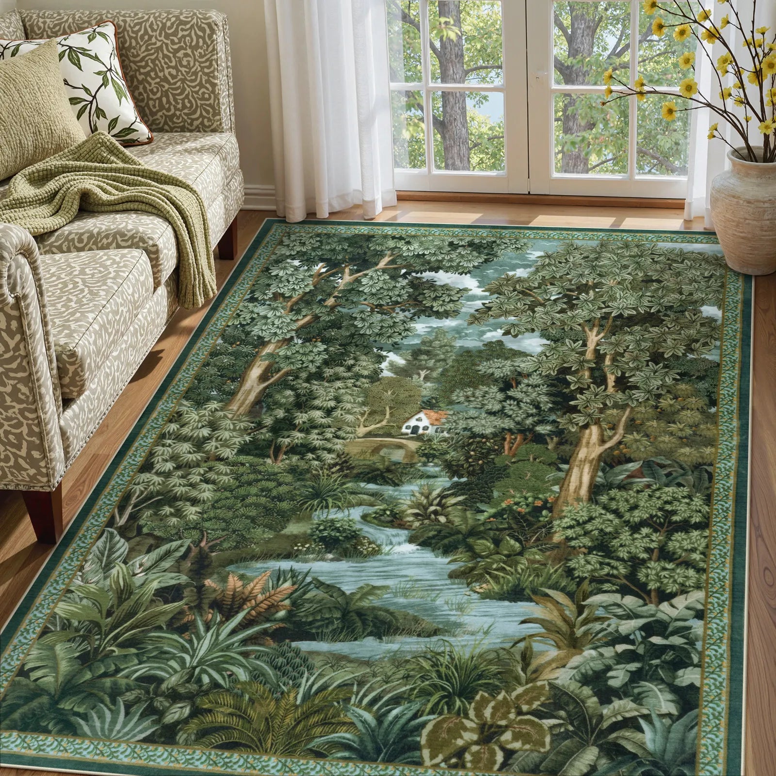 Foret Washable Vintage Forest Woodland Green Rug Area Rugs Lahome 5' x 7'