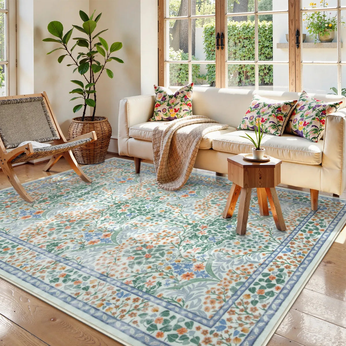 Shadow Botanical Rugs Washable Light Green Vintage French Floral Rug | Giverny Maximalism ...