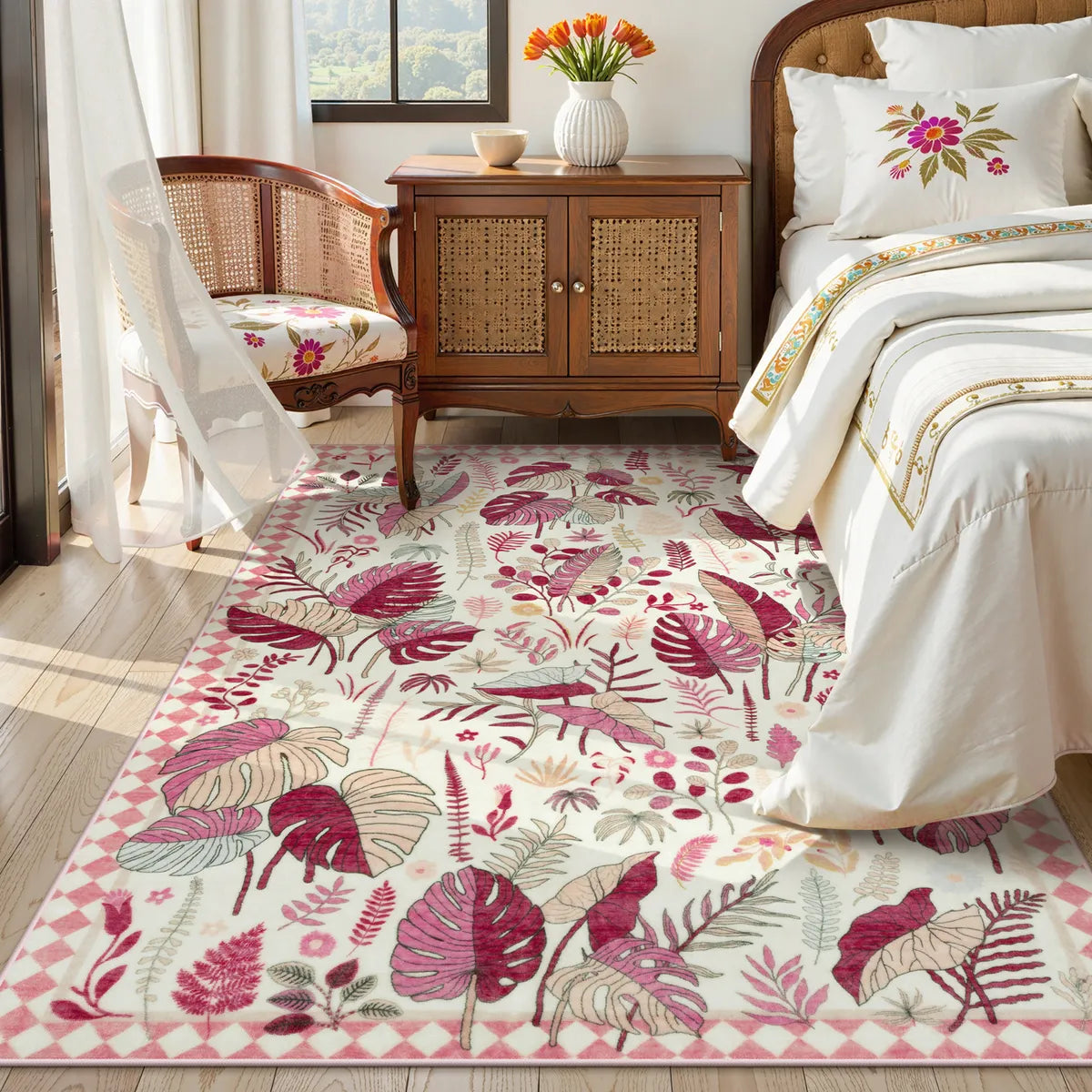 Herbier Washable Botanical Leaf Pink Rug Rugs Lahome