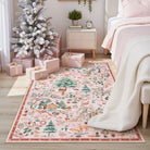 Jocelyn Christmas Washable Winter Woodland Cabin Pink Rug Area Rugs Lahome