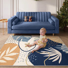Kiki Washable Modern Botanical Leaf Blue/Yellow Rug Area Rugs Lahome 5' x 7'