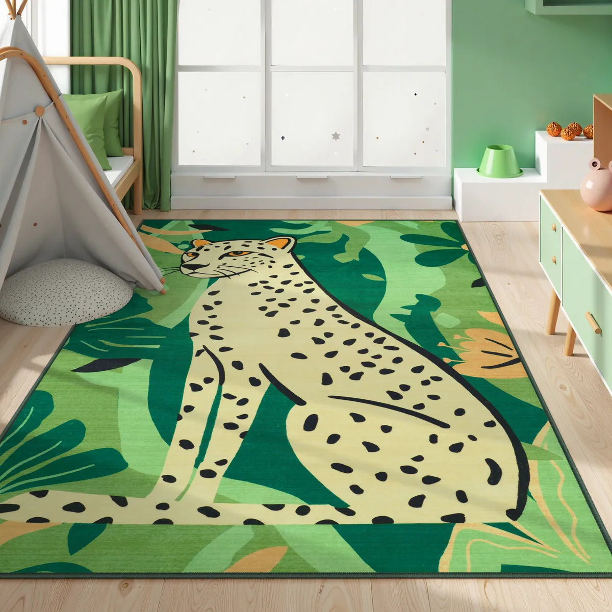 Leon Washable Graphic Cheetah Green kids Rug Area Rugs Lahome