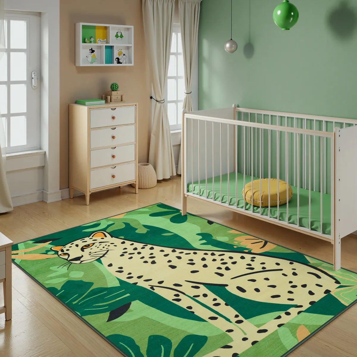 Leon Washable Graphic Cheetah Green kids Rug Area Rugs Lahome