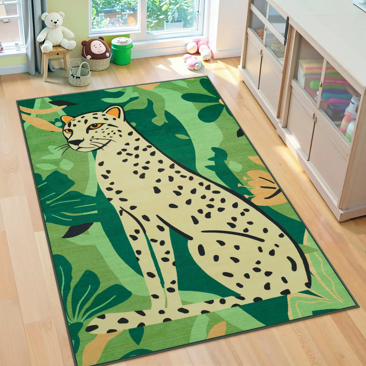 Leon Washable Graphic Cheetah Green kids Rug Area Rugs Lahome 5' x 7'