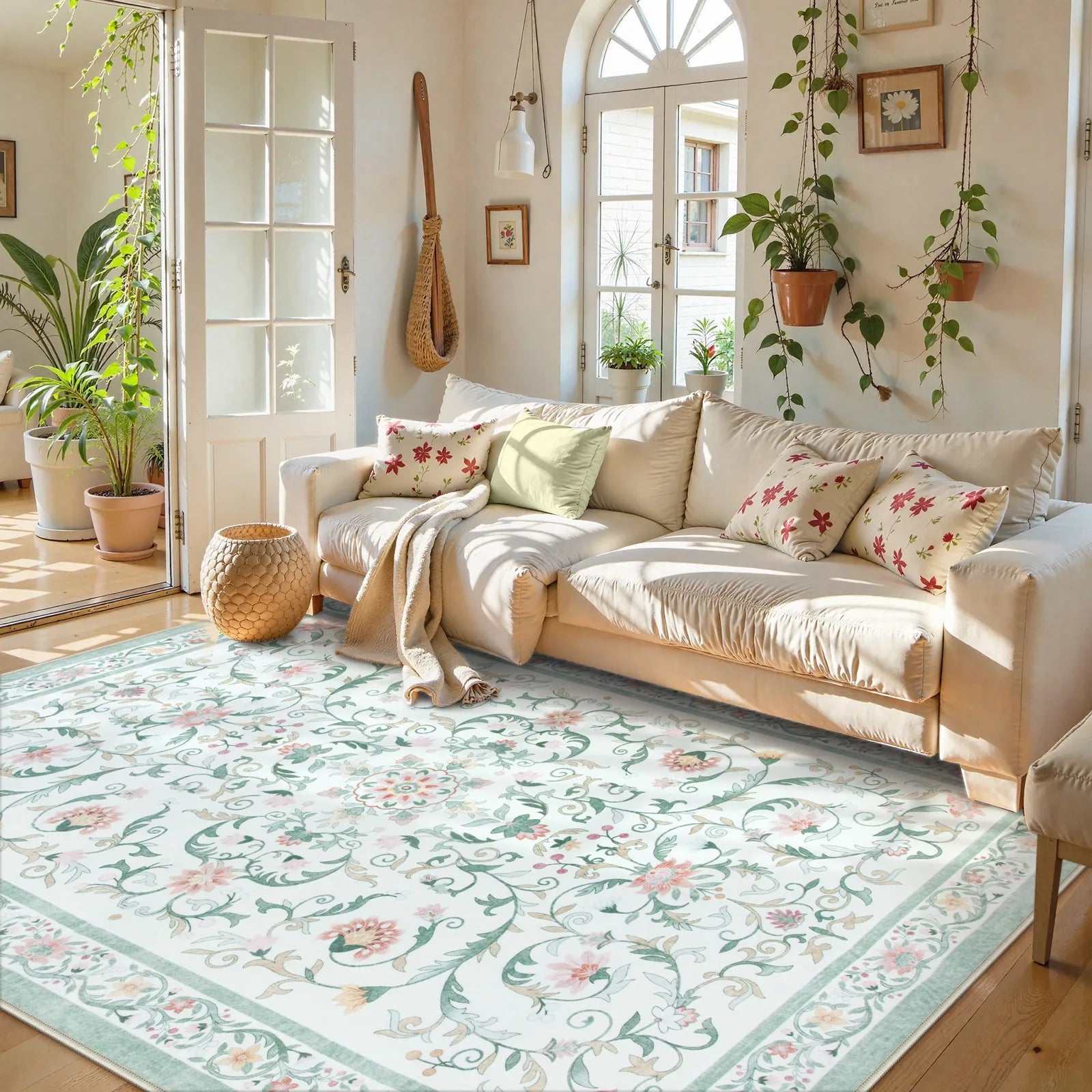 Lorevie Washable Boho vintage Garden Floral Green Rug Rugs Lahome 5' x 7'