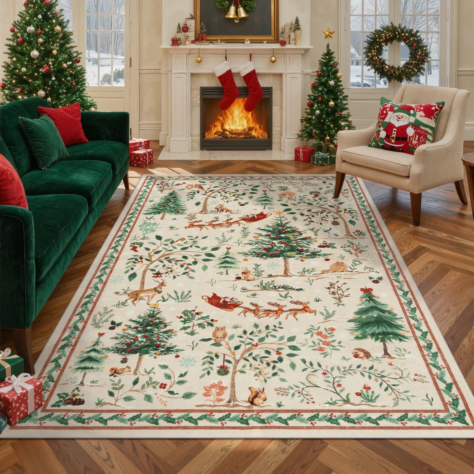 Lumiere Christmas Washable Classic Deer Woodland Beige Rug Area Rugs Lahome 5' x 7'