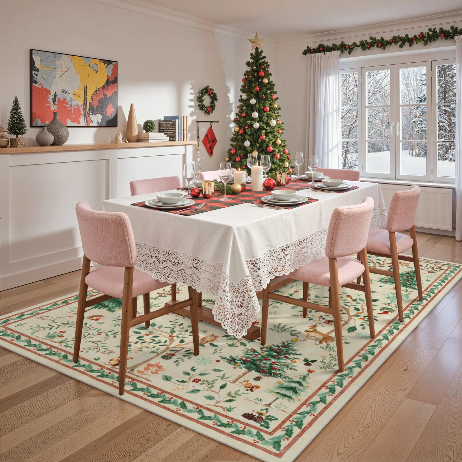 Lumiere Christmas Washable Classic Deer Woodland Beige Rug Area Rugs Lahome