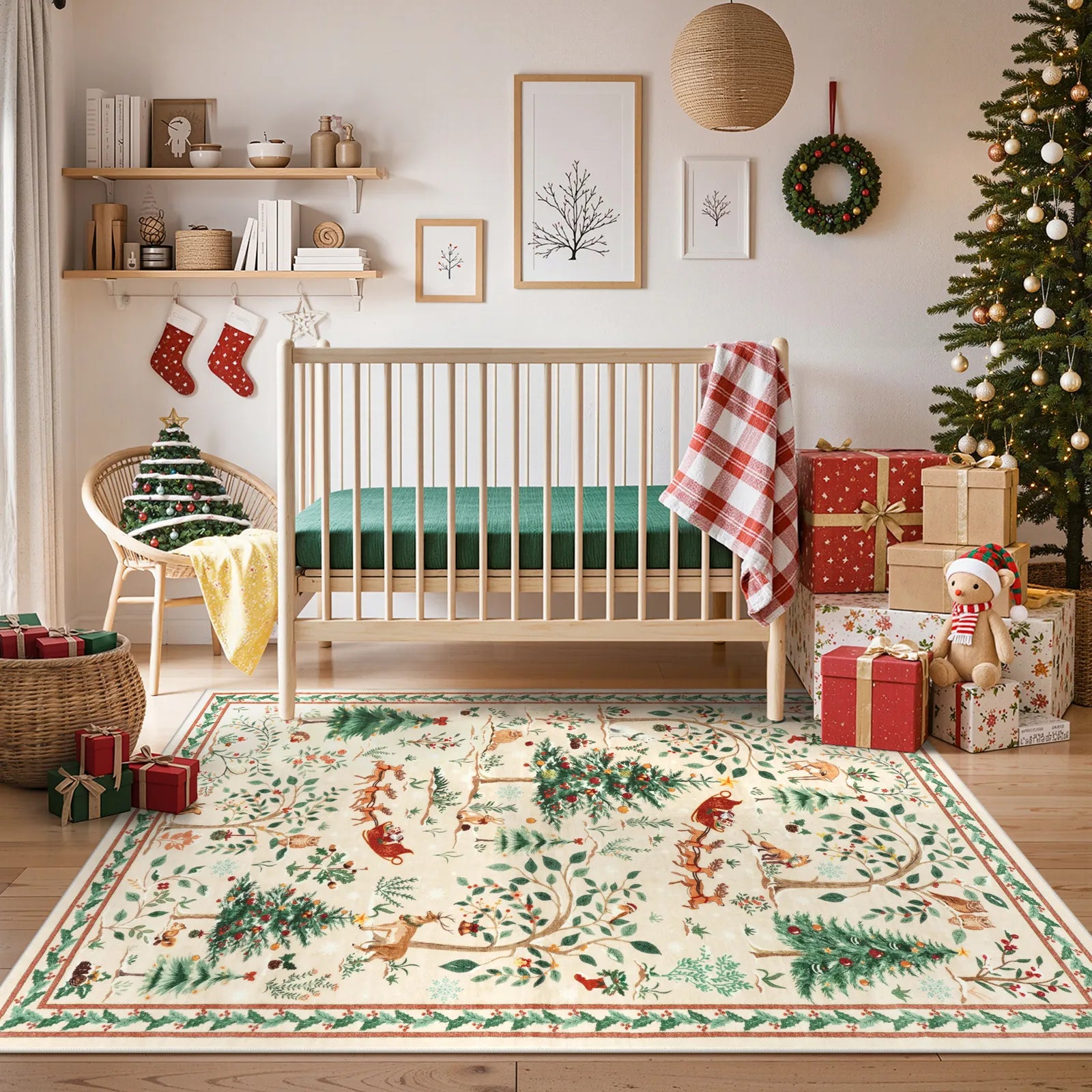 Lumiere Christmas Washable Classic Deer Woodland Beige Rug Area Rugs Lahome