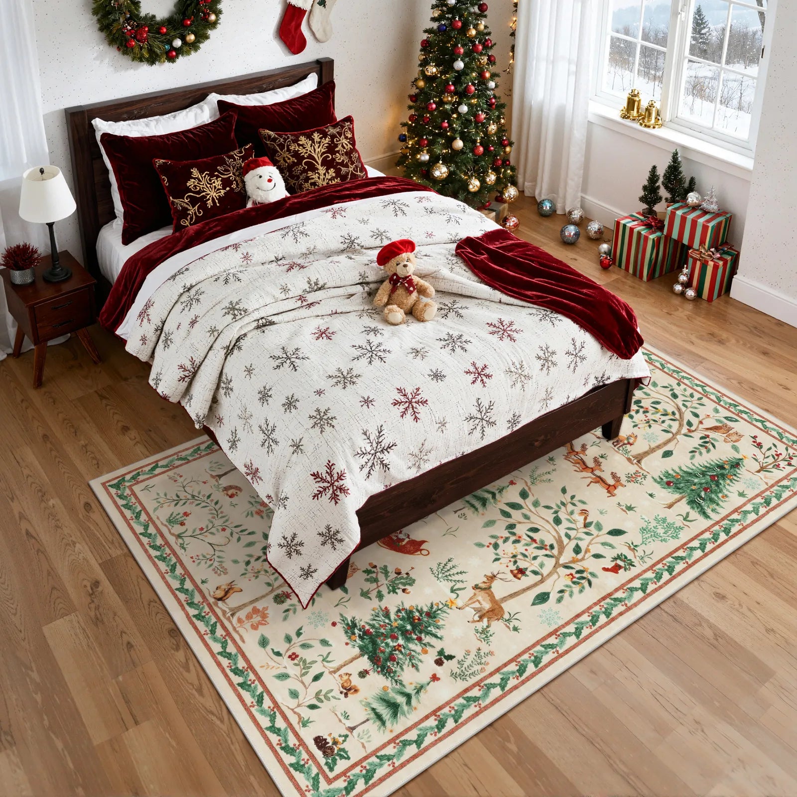 Lumiere Christmas Washable Classic Deer Woodland Beige Rug Area Rugs Lahome