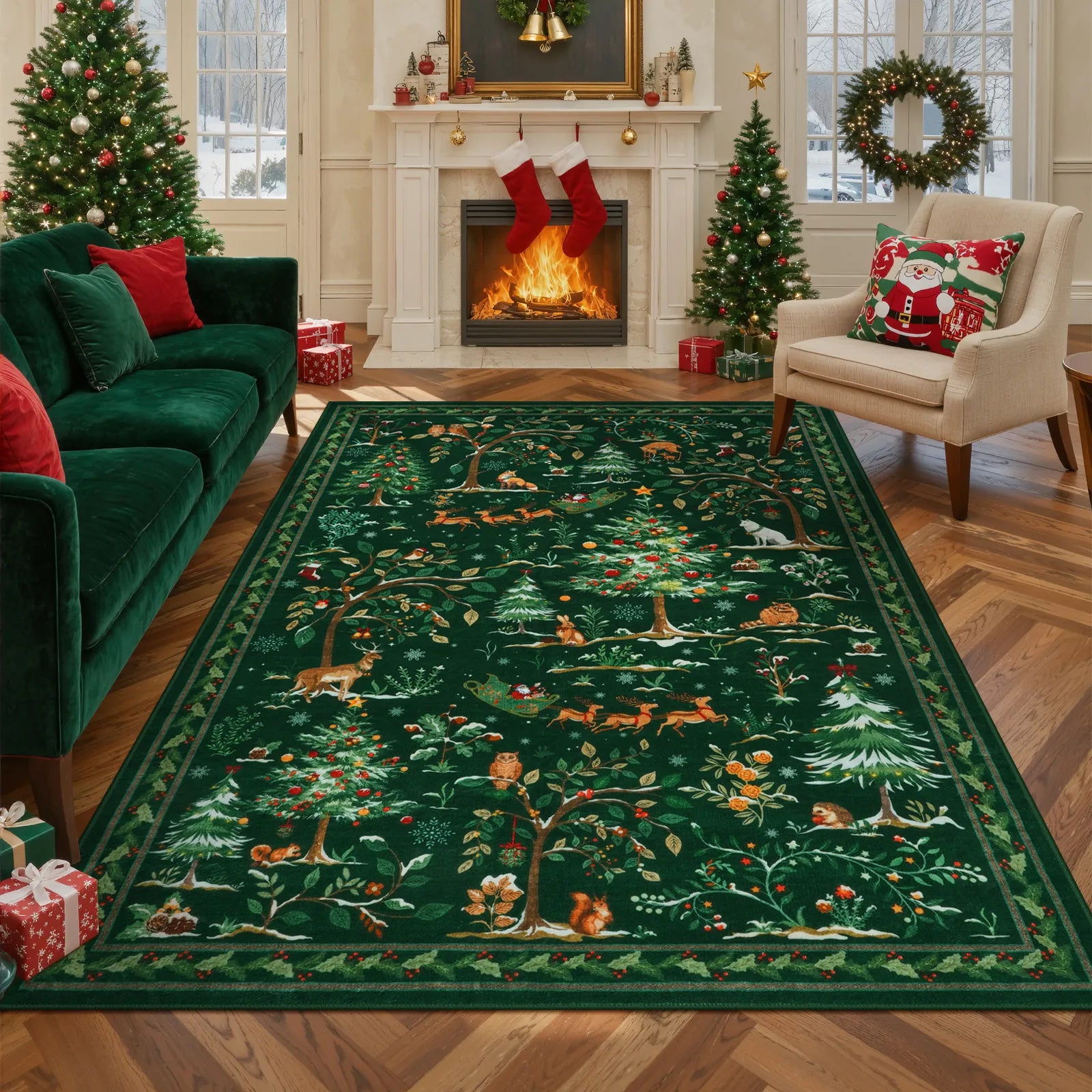 Lumiere Christmas Washable Classic Deer Woodland Green Rug Area Rugs Lahome 5' x 7'