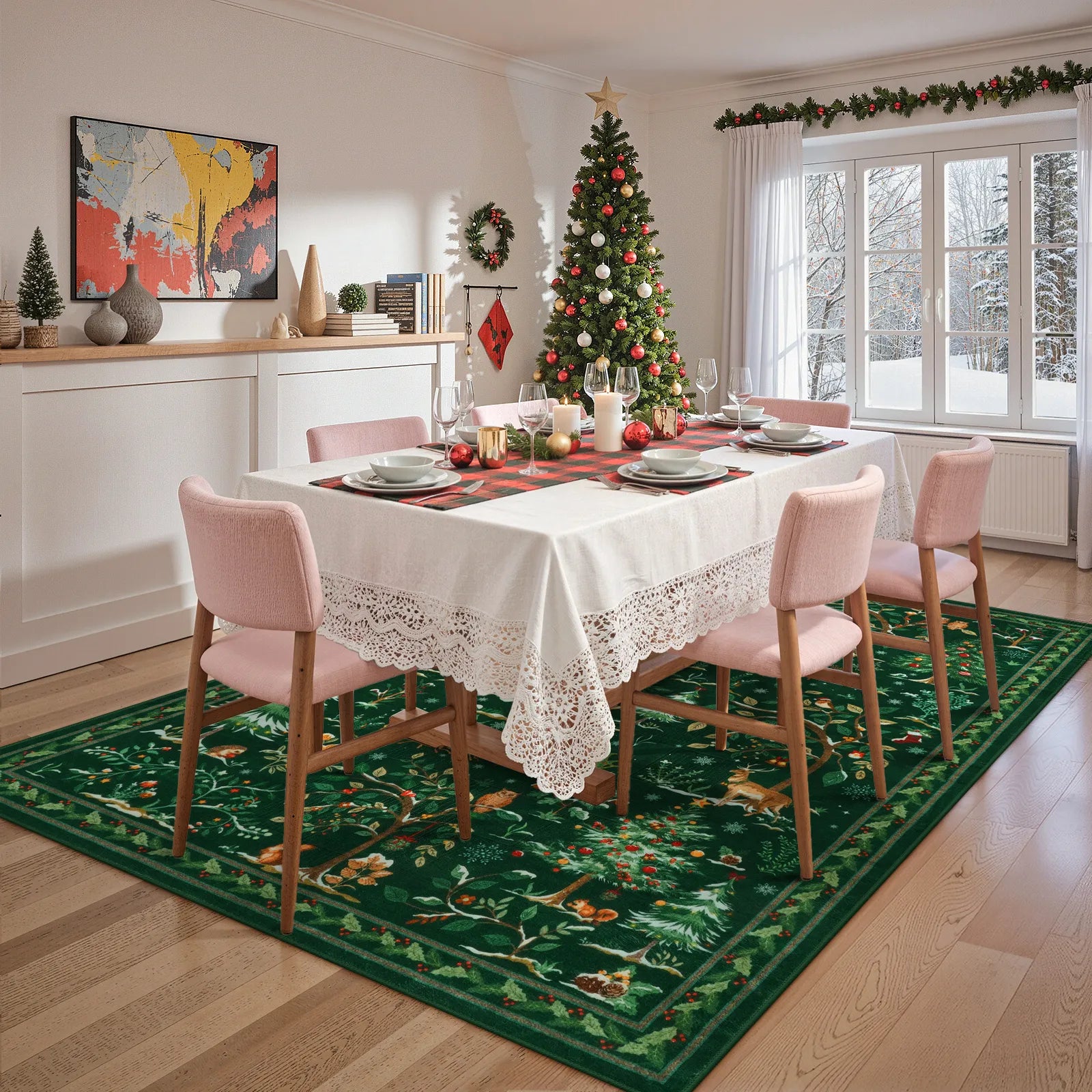 Lumiere Christmas Washable Classic Deer Woodland Green Rug Area Rugs Lahome