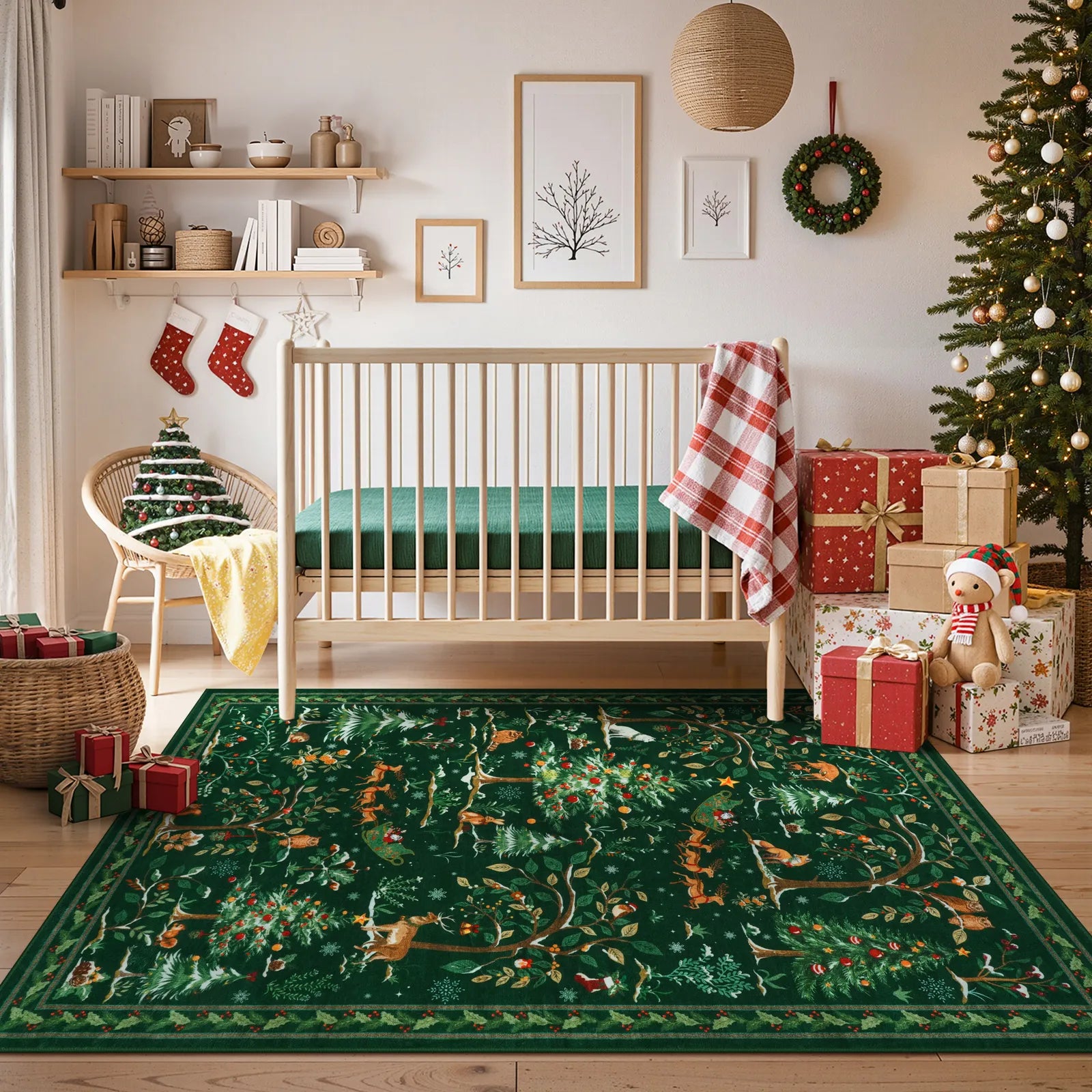 Lumiere Christmas Washable Classic Deer Woodland Green Rug Area Rugs Lahome