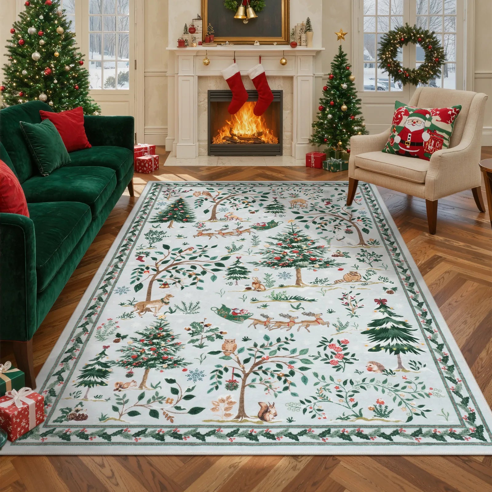 Lumiere Christmas Washable Classic Deer Woodland Grey Rug Area Rugs Lahome 5' x 7'