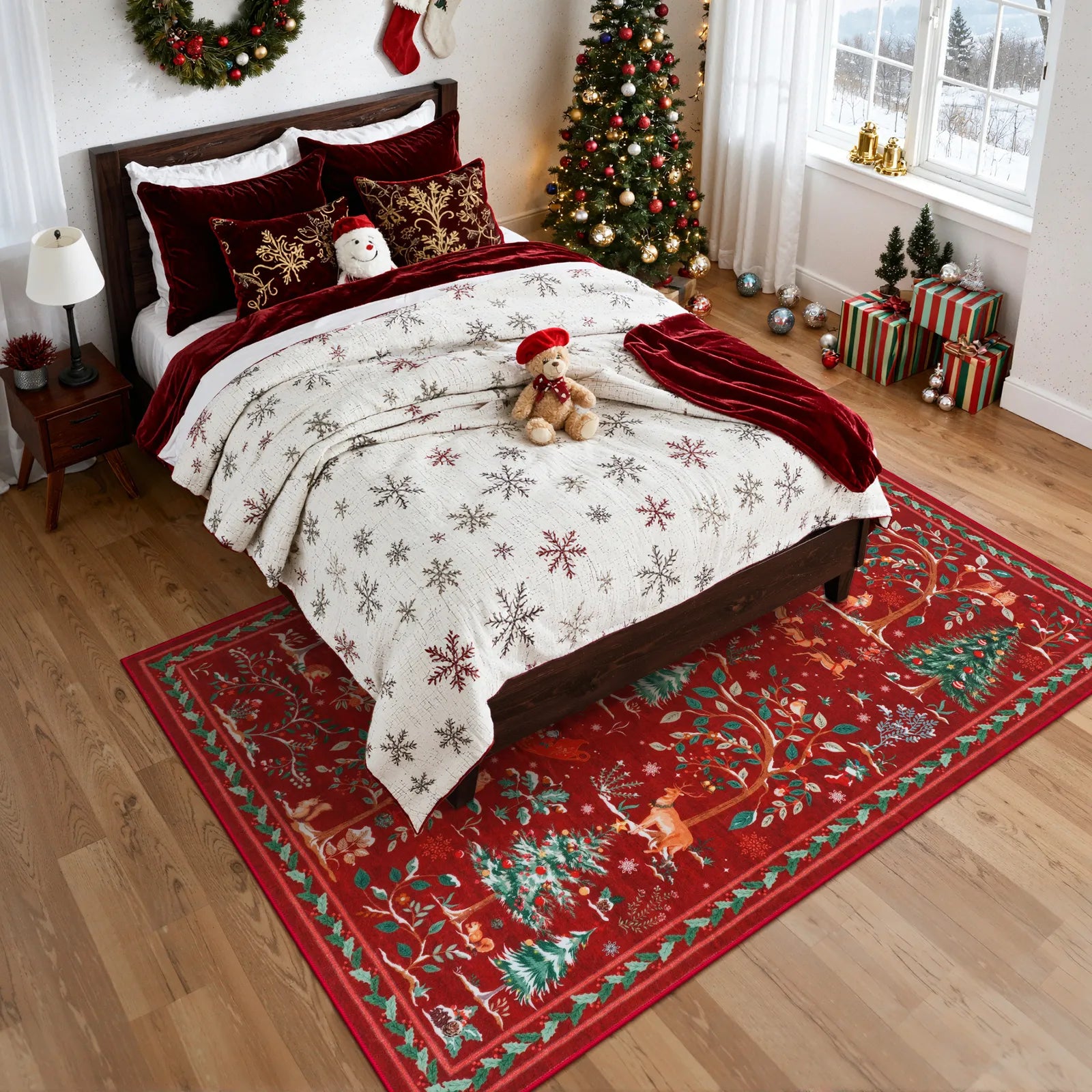 Lumiere Christmas Washable Classic Deer Woodland Red Rug Area Rugs Lahome