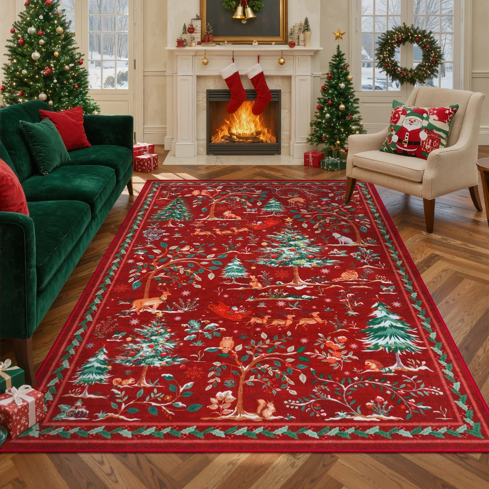 Lumiere Christmas Washable Classic Deer Woodland Red Rug Area Rugs Lahome 5' x 7'