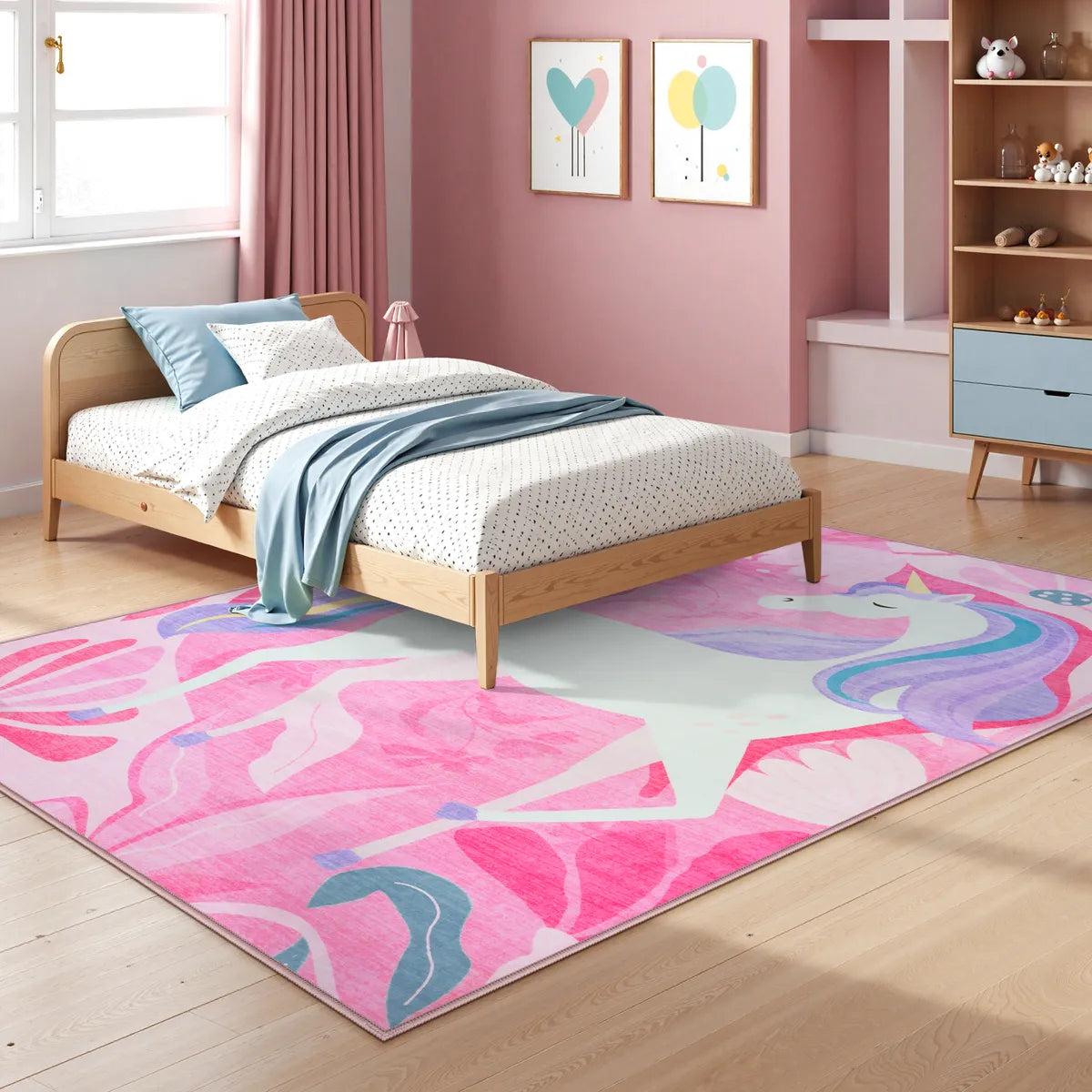 Lunie Washable Whimsical Unicorn Pink kids Rug Area Rugs Lahome