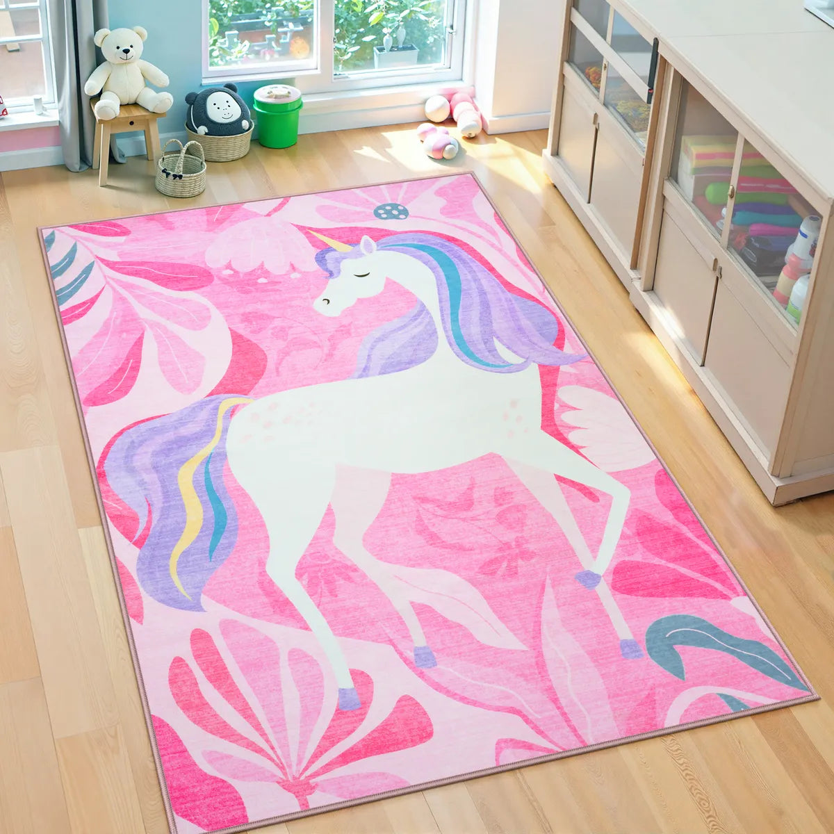 Lunie Washable Whimsical Unicorn Pink kids Rug Area Rugs Lahome 5' x 7'