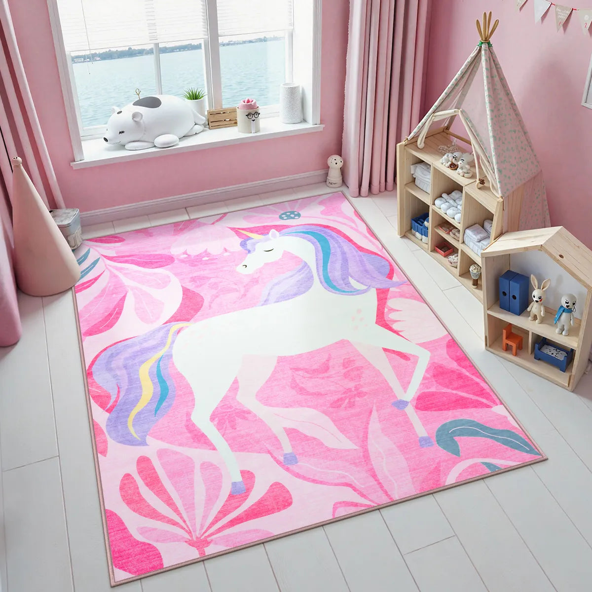 Lunie Washable Whimsical Unicorn Pink kids Rug Area Rugs Lahome