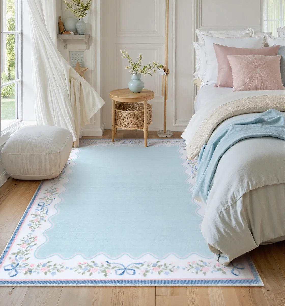 Maelis Washable Vintage Ribbon Blue Rug Rugs Lahome