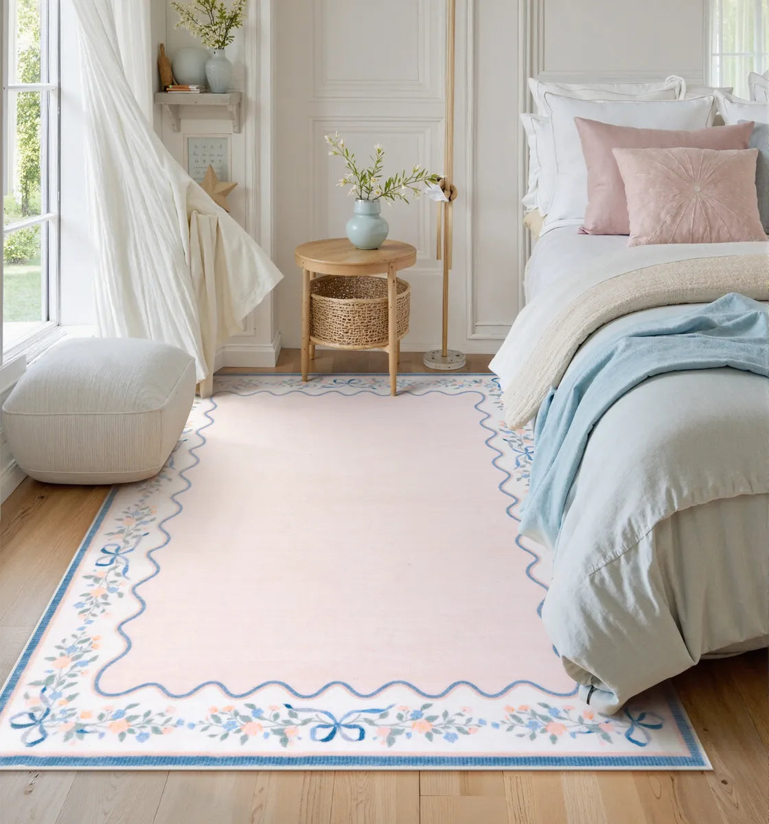 Maelis Washable Vintage Ribbon Pink Rug Rugs Lahome