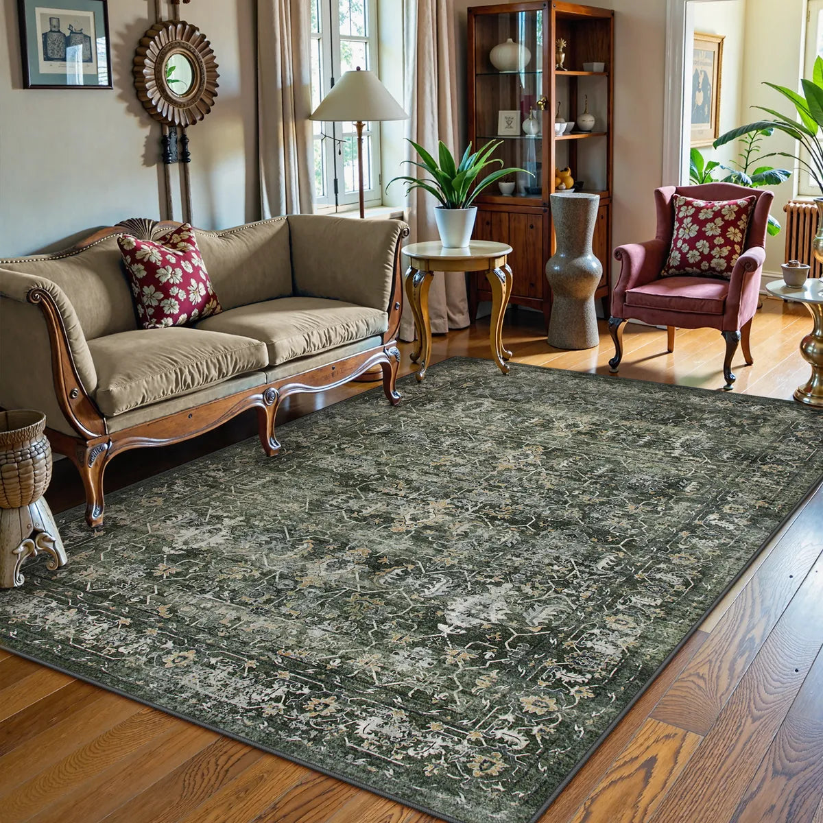 Margot Washable Vintage Distressed Dark Green Rug Area Rugs Lahome 5' x 7'