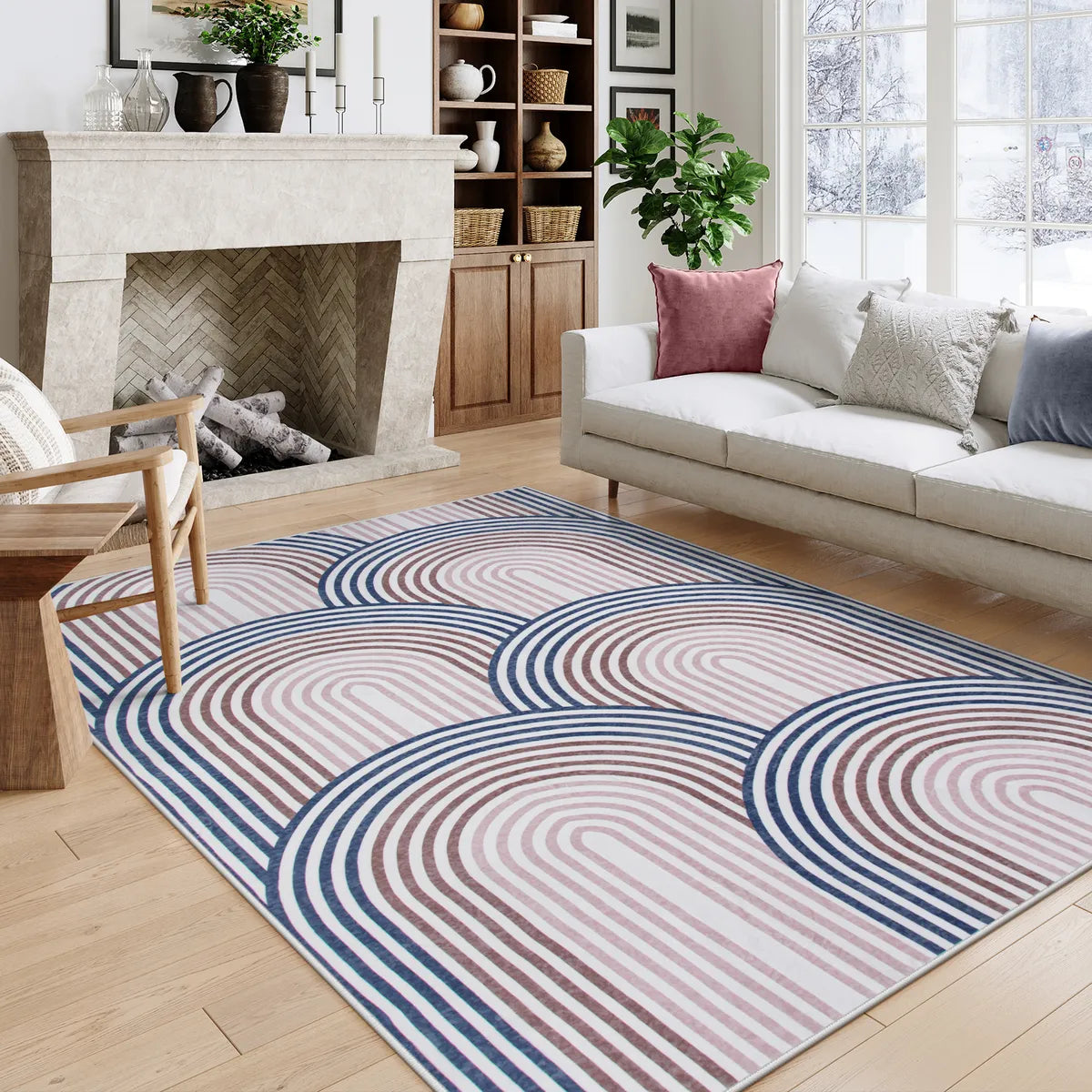 Namia Washable Modern Arch Stripe Blue/Pink Rug Rugs Lahome 5' x 7'
