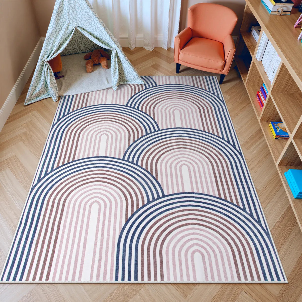 Namia Washable Modern Arch Stripe Blue/Pink Rug Rugs Lahome