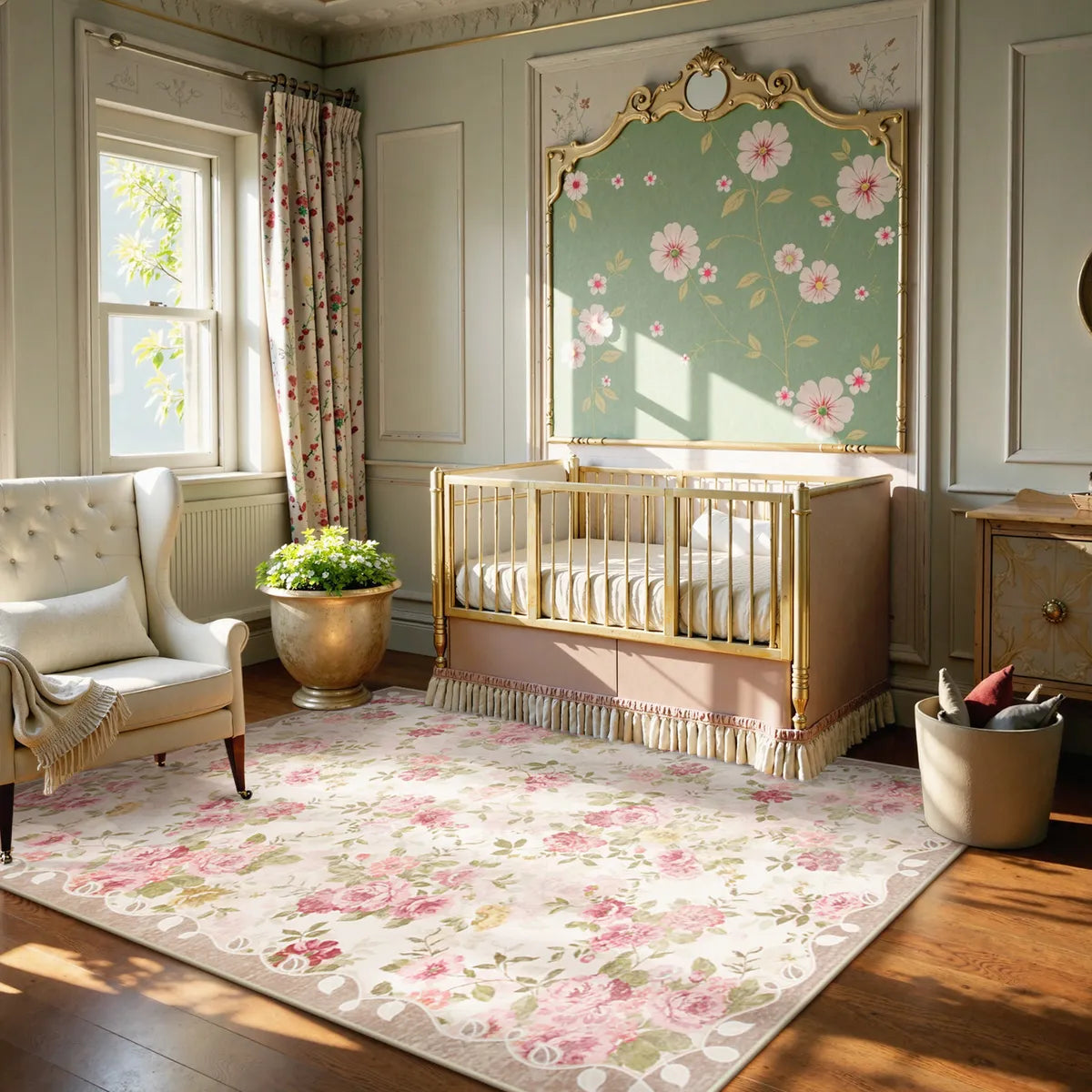 Nina Washable Romantic Vintage Floral Rose Garden Pink and Beige Rug Area Rugs Lahome