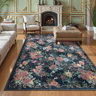 Nina Washable Romantic Vintage Floral Rose Garden Black Rug Area Rugs Lahome 5' x 7'